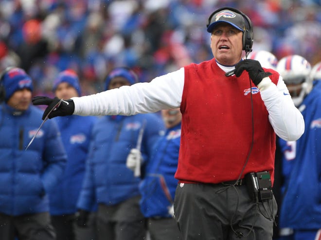 In this Jan. 3, 2016, file photo, Buffalo Bills coach Rex Ryan watches the clock during the Bills' NFL football game against the New York Jets in Orchard Park, N.Y. Ryan has hired Kathryn Smith to be the team's special teams quality coach, making her the first full-time female member of an NFL coaching staff.