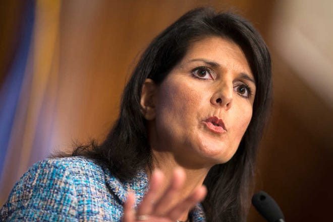 FILE - In this Sept. 2, 2015, photo. South Carolina Gov. Nikki Haley speaks at the National Press Club in Washington. Americans should resist "the siren call of the angriest voices" in how it treats immigrants, Haley said Jan. 12, 2016, as the GOP used its formal response to President Barack Obama's State of the Union address to try softening the tough stance embraced by some of the GOP's leading presidential candidates. (AP Photo/Evan Vucci)