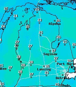 These are the high temperatures for around the Great Lakes on Thursday, Jan. 21. The high for Holland on Thursday is 28 degrees. Screenshot