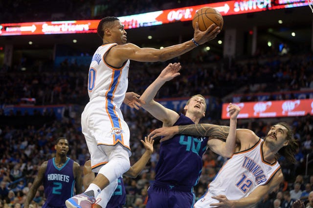 Oklahoma City Thunder guard Russell Westbrook (0) drives to the basket in front of Charlotte Hornets center Cody Zeller (40) during the third quarter at Chesapeake Energy Arena in Oklahoma City on Wednesday, Jan. 20, 2016. (Mark D. Smith-USA TODAY Sports) 
 Charlotte Hornets forward Marvin Williams (2) shoots the ball over Oklahoma City Thunder center Steven Adams (12) during the first quarter at Chesapeake Energy Arena in Oklahoma City on Wednesday, Jan. 20, 2016. (Mark D. Smith-USA TODAY Sports) 
 Oklahoma City Thunder forward Kevin Durant (35) passes the ball while guarded by Charlotte Hornets forward P.J. Hairston (19) during the third quarter at Chesapeake Energy Arena in Oklahoma City on Wednesday, Jan. 20, 2016. (Mark D. Smith-USA TODAY Sports) 
 Oklahoma City Thunder center Steven Adams (12) rebounds the ball in front of Charlotte Hornets center Cody Zeller (40) during the first quarter at Chesapeake Energy Arena in Oklahoma City on Wednesday, Jan. 20, 2016. (Mark D. Smith-USA TODAY Sports)