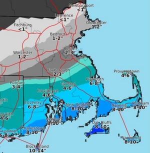 A storm moving up the coast is expected to drop 2 to 8 inches of snow on southeastern Massachusetts on Saturday, Jan. 23, 2016.