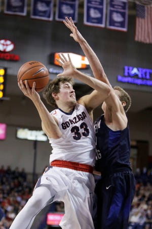 Gonzaga's Kyle Wiltjer (33) shoots against BYU's Kyle Davis on Jan. 14 in Spokane, Washington. Wiltjer scored 45 points last season against Pacific at Spanos Center, the most points ever scored by a Tigers opponent. AP FILE 2016