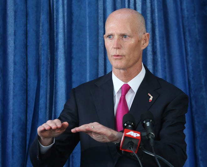 Gov. Rick Scott speaks during a pre-legislative news conference, Wednesday, Oct. 14, 2015, in Tallahassee, Fla. (AP Photo/Steve Cannon)