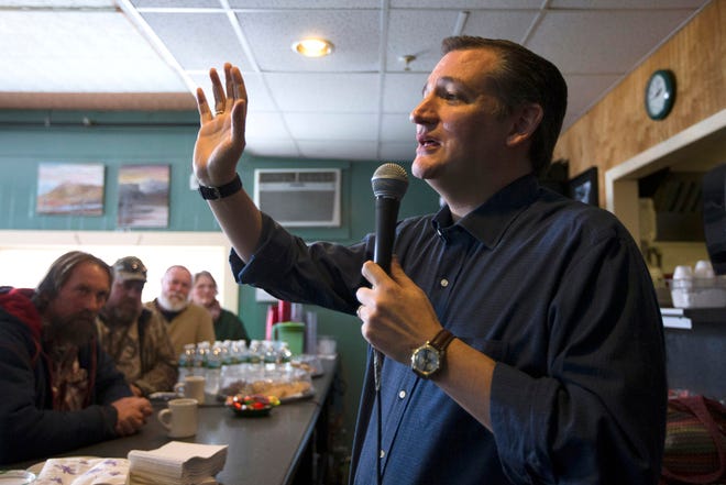 In this Jan. 19, 2016, photo, Republican presidential candidate, Sen. Ted Cruz, R-Texas speaks during a campaign stop at Lino's Restaurant in Sanbornville, N.H. Cruz is dreaming of a face-off with Democratic front-runner Hillary Clinton, even before the first primary votes are cast. He warns his supporters about what he thinks America will look like under a Clinton administration, predicting a nuclear-armed Iran, amnesty for millions of people in America illegally and the continuation of President Barack Obama's health care law.(AP Photo/John Minchillo)
