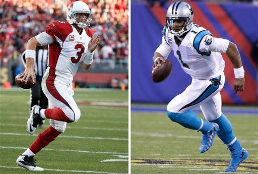 FILE - At left, in Nov. 29, 2015, file photo, Arizona Cardinals quarterback Carson Palmer (3) runs for a touchdown against the San Francisco 49ers during the second half of an NFL football game in Santa Clara, Calif. At right, in a Dec. 20, 2015, file photo, Carolina Panthers' Cam Newton (1) plays during the second half of an NFL football game against the New York Giants, in East Rutherford, N.J. Arizona and Carolina play in the NFC Championship game on Sunday, Jan. 24, in Charlotte, N.C. (AP Photo/File)