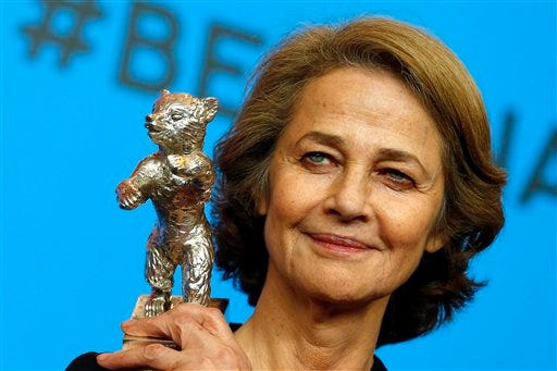 FILE - In this Saturday, Feb. 14, 2015 file photo, Charlotte Rampling holds the Silver Bear for Best Actress for her role in "™45 years"™ after the award ceremony at the 2015 Berlinale Film Festival in Berlin, Germany. Academy Award-nominated actress Charlotte Rampling has entered the debate over a lack of diversity at the Oscars, saying the calls for a boycott are "racist to white people." All this year"™s acting nominees are white. Rampling told France's Europe 1 radio Friday, Jan. 22, 2016 that sometimes "maybe black actors didn't deserve to be in the final stretch." (AP Photo/Axel Schmidt, file)