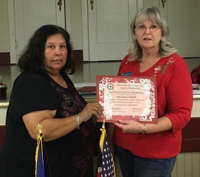 American Legion Auxiliary Unit 249 President Sylvia Ranjel, left, presents Joan Cannon with the Department of California's Senior Volunteer of the Year Award for 2015.