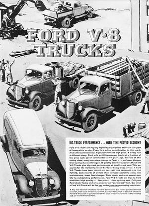 1932 Ford Truck Model BB with the new Flathead V8 was featured in many newspaper advertisements of the day. Shown are several versions available to the public of the new BB trucks. ( Ford Motor Company).