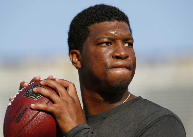 FILE - In this Aug. 15, 2015, file photo, Tampa Bay Buccaneers quarterback Jameis Winston warms up before a preseason NFL football game against the Minnesota Vikings at TCF Bank Stadium in Minneapolis. Florida State University said Monday, Jan. 25, 2016, it's settling a lawsuit with a former student who said she was raped by former star quarterback Jameis Winston. (AP Photo/Paul Sancya, File)