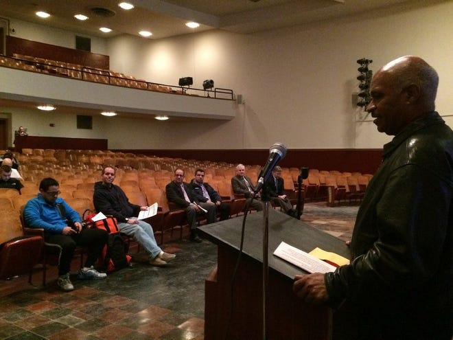 Ossie Jordan, a Brockton resident who is chairman of the city's water commission, spoke to a small crowd gathered at the West Middle School on Monday, Jan. 26, 2016, for a public input meeting on proposed MBTA fare hikes.