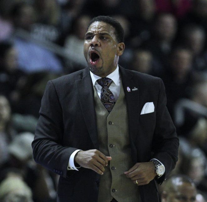 PC's Ed Cooley shouts instructions to his players on Tuesday night.