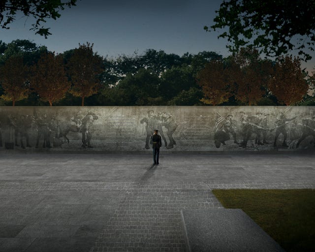 A rendering of "The Weight of Sacrifice" by Joseph Weishaar and Sabin Howard, chosen as the design for a World War I memorial in Washington, D.C. (Photo courtesy Joseph Weishaar and Sabin Howard/TNS) 
 Architect Joseph Weishaar, pictured at Brininstool + Lynch Architecture Design in Chicago on Tuesday, Jan. 26, 2016, has been chosen to design a World War I memorial near the White House in time for the 100th anniversary of the Armistice. (Zbigniew Bzdak/Chicago Tribune/TNS)