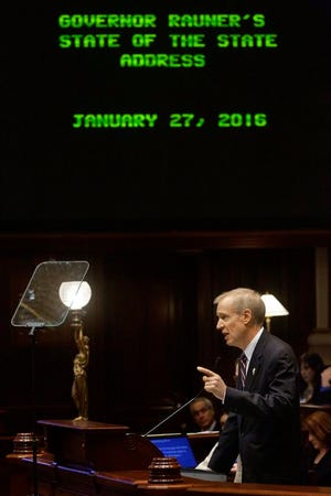 Illinois Gov. Bruce Rauner delivers his State of the State address to a joint session of the General Assembly in the House chambers at the Illinois State Capitol Wednesday, Jan. 27, 2016, in Springfield, Ill. (AP Photo/Seth Perlman)