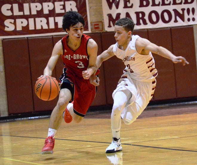 Portsmouth High School senior Romeo Ingram, right, stays on the hip of Coe-Brown point guard Shawn Spenard during Tuesday's Division II boys basketball game at Stone Gymnasium. After a two-year absence, Ingram's return has sparked the undefeated Clippers.