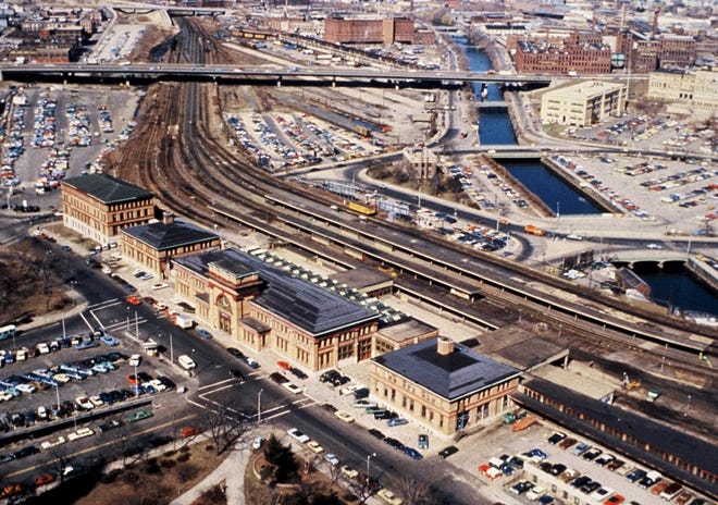A city center down and out: In the 1970s, much of the dowtown was in decay. Businesses closed, it was hard to fill hotel rooms, and there was talk of demolition, not rebirth. Above is Union Station, the former train station, surrounded by rail tracks and parking lots.

Courtesy of The Providence Foundation