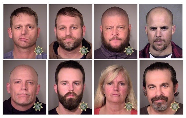 Inmates (clockwise from top left) Ryan Bundy, Ammon Bundy, Brian Cavalier, Jon Ritzheimer, Peter Santilli, Shawna Cox, Ryan Payne and Joseph O'Shaughnessy are seen in a combination of police jail booking photos released by the Multnomah County Sheriff's Office and Maricopa County Sheriff's Office (top R) on January 27, 2016. One protester was shot dead and eight others were arrested on Tuesday after authorities confronted members of an armed group that has staged a month-long occupation of a federal wildlife reserve in Oregon, activists and officials said. Ritzheimer was arrested when he surrendered himself to authorities in Peoria, Arizona, in relation to the occupation. (REUTERS/MCSO/Handout via Reuters)