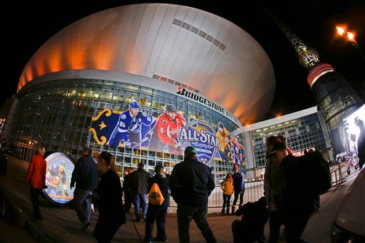 In this photo made with a fisheye lens, pedestrians pass by Bridgestone Arena, Friday, Jan. 29, 2016, in Nashville, Tenn. The NHL hockey skills competition is scheduled to be held at the arena Saturday and the All-Star game is scheduled to be played Sunday, Jan. 31. (AP Photo/Mark Humphrey)