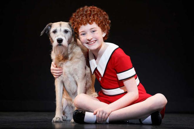 Annie (played by Heidi Gray), right, indicated in an A-J Media interview that she enjoys her scenes with the dog named Sandy in the touring production of hit musical "Annie." Producers hired a trainer to work with two rescue dogs, Macy and Sunny, each trained to play Sandy on stage.