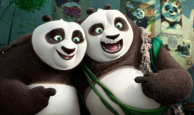 This image released by DreamWorks Animation shows characters Po, voiced by Jack Black, left, and his long-lost panda father Li, voiced by Bryan Cranston, in a scene from "Kung Fu Panda 3." (DreamWorks Animation via AP)