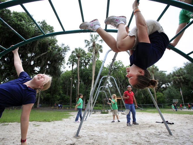 Elementary students, including Gina Gammons, left, and Tatum Race, enjoy recess at McIntosh Area School, a free public charter school with about 95 students in attendance, Friday, June 1, 2012 in McIntosh, Fla.