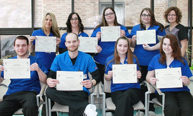 Pictured are CNA class graduates, front left to right, Zachary Moffatt, Jeffrey Perlanski, Renae Grower and Vanessa Dillenbeck; and back left to right, Leslie Smith, Tina Jeffers, Erika Bussey and Amanda York, with Tami Welch, RN and instructor. SUBMITTED PHOTO