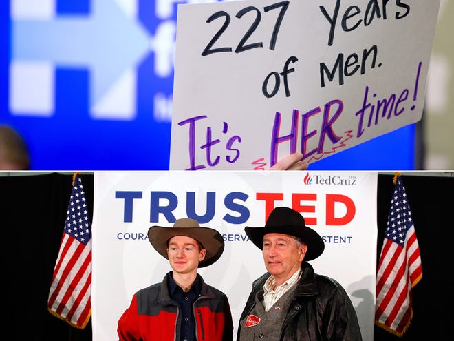 At top, a sign-holder supports Democratic presidential candidate Hillary Clinton in Cedar Rapids, Iowa. At bottom, people pose for photographs in front of the stage for Republican presidential candidate Sen. Ted Cruz at the Johnson County Fairgrounds in Iowa.