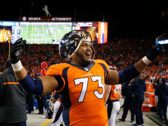 Denver guard Max Garcia, a former UF standout, celebrates after the team's win against Pittsburgh in a divisional playoff game Jan. 17 in Denver. Garcia hopes to celebrate in a bigger way with his Broncos teammates Sunday night.