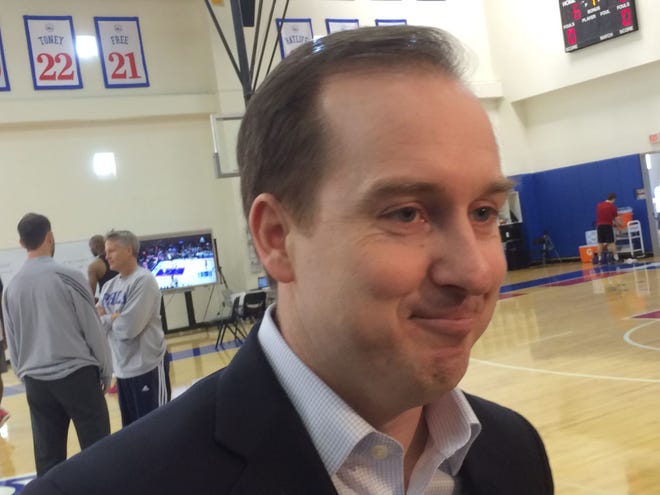 Sixers GM Sam Hinkie smiles at a question Tuesday, Feb. 2, 2016.