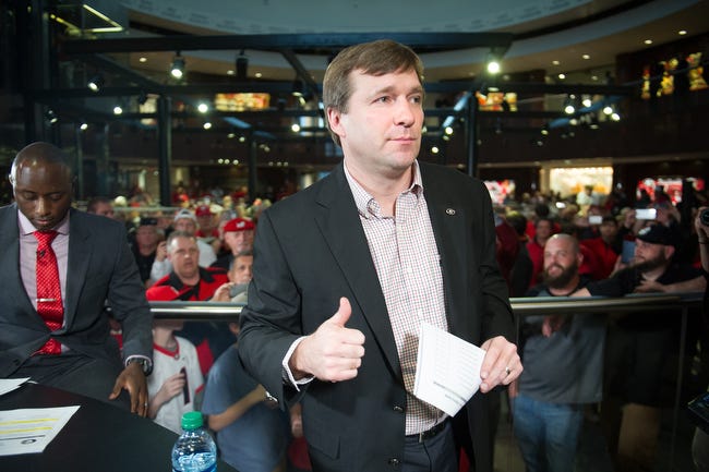 Georgia head coach Kirby Smart gives a thumbs up after finishing an interview during National Signing Day at Butts-Mehre Heritage Hall on Wednesday, Feb. 3, 2016, in Athens, Ga. (AJ Reynolds/Staff, @ajreynoldsphoto)