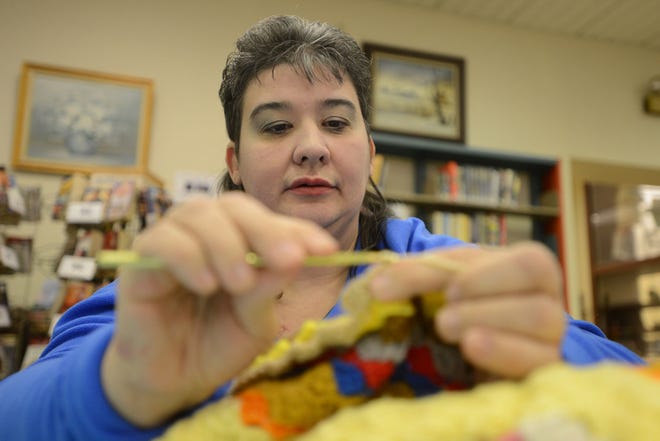 Joanie Ours crochets a corner-to-corner blanket. She teaches a crochet class the second and fourth Mondays of each month at Carnegie Free Library of Beaver Falls.