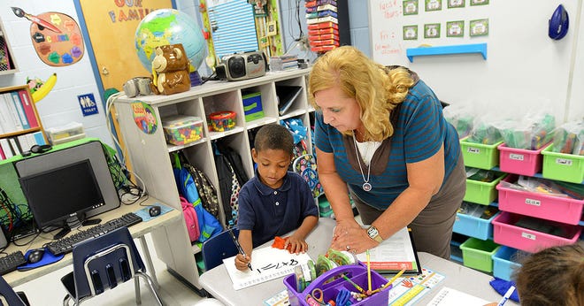 Patricia Hart teaches a math lesson to her first-grade students last year at Leesburg Elementary School. The district has released details of its Strategic Finance Plan to identify instructional priorites in the classroom. One of those priorities includes hiring additional academic tutors.