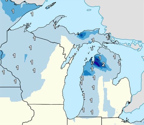 Snowfall projections for around the Great Lakes on Thursday, Feb. 4. Contributed