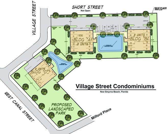 Village Street LLC plans to build a private development of three standalone, three-story buildings with a total of 24 multifamily units off West Canal and Village streets in New Smyrna Beach. Provided by New Smyrna Beach