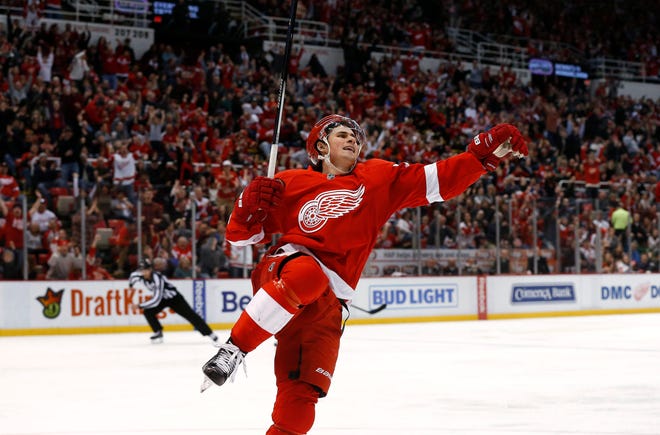 Detroit Red Wings center Dylan Larkin celebrates his goal against the New York Islanders in the third period of an NHL hockey game, Saturday, Feb. 6, 2016 in Detroit. (AP Photo/Paul Sancya)