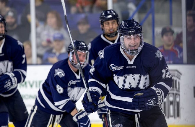 New Hampshire’s Shane Eiserman (12) reacts after scoring a goal during Saturday’s 3-2 win over No. 8 Umass-Lowell. Rich Gagnon/UMass-Lowell Athletics