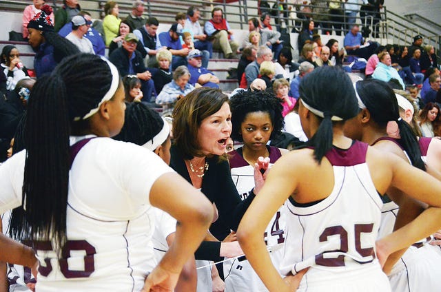 Spring Hill girls basketball coach Missy Brown instructs her players during a Jan. 29th win over Marshall County. The Lady Raiders defeated Mt. Pleasant in a home game Saturday for their sixth win in the last 10 games. (Courtesy photo by correspondent Ric Beu)
