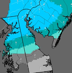 Projected snow accumulation, as of 3:22 p.m. Monday, Feb. 8