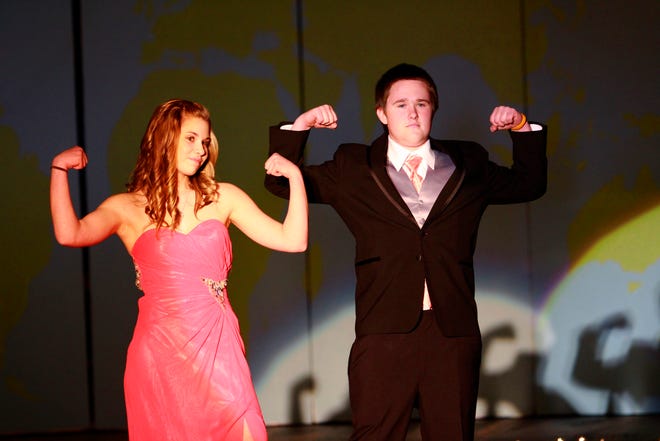 Class of 2017 members modeled the latest prom fashions at the Somersworth High School Prom Fashion Show on Saturday afternoon. Pictured here are Ari Sullivan, left, and Cameron Mick. Photo by Mark Avery/Fosters.com