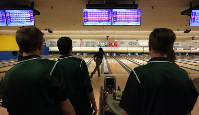 Photo by Jake West/New Jersey Herald - 
Sussex Tech’s Michael Dillard bowls his final frame as his teammates look on during their victory over High Point last week at Sparta Lanes.