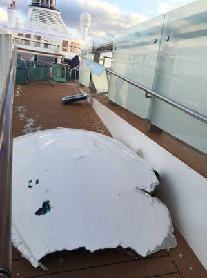 This image made available by Flavio Cadegiani shows damage to Royal Caribbean's ship Anthem of the Seas, Monday, Feb. 8, 2016. The ship ran into high winds and rough seas in the Atlantic Ocean on Sunday, forcing passengers into their cabins overnight. No injuries were reported and only minor damage to some public areas. The ship is turning around and sailing back to its home port in New Jersey. (Flavio Cadegiani via AP)