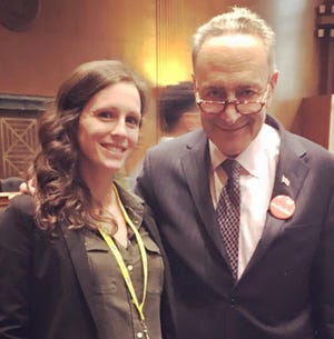 Kayleigh Murphy, drug free community project coordinator for the Community Partnership Coalition of Herkimer County, met with U.S. Sen. Charles Schumer, D-NY, during her visit to Washington, D.C., last week, where she attended the Community Anti-Drug Coalitions of America's 26th Annual National Leadership Forum. PHOTO COURTESY/MAUREEN PETRIE