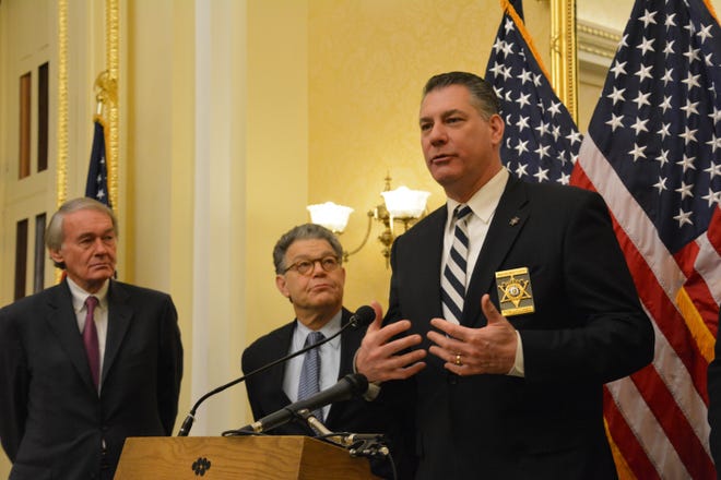 Middlesex County Sheriff Peter Koutoujian, right, joined U.S. Sens. Edward Markey, D-Mass., left, and Al Franken, D-Minn., at a press conference Tuesday in the U.S. Capitol. 

Photo by Peter Urban / GateHouse Media.