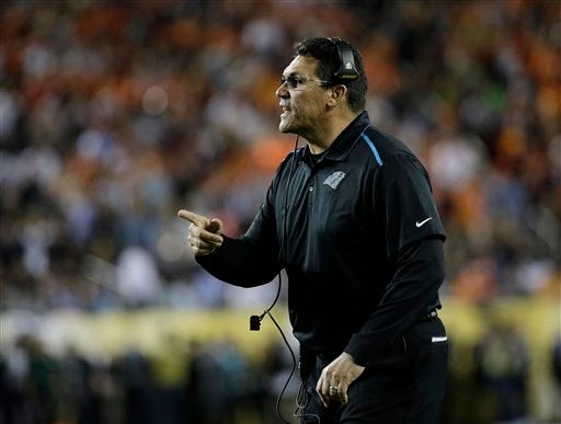 Carolina Panthers’ head coach Ron Rivera yells during the second half of the NFL Super Bowl 50 football game against the Denver Broncos Sunday, Feb. 7, 2016, in Santa Clara, Calif.