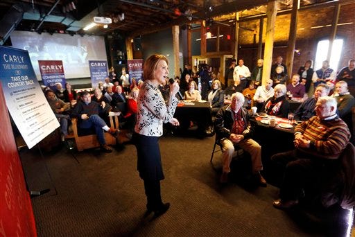 In this Jan. 6, 2016, photo, Republican presidential candidate Carly Fiorina, the former Hewlett-Packard chief executive, speaks during a campaign luncheon stop at an Irish pub in Dover, N.H.