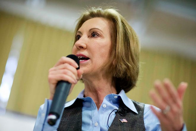 In this Feb. 6, 2016 file photo, Republican presidential candidate Carly Fiorina speaks at a campaign event in Goffstown, N.H. Fiorina exited the 2016 Republican presidential race Wednesday,Feb. 10, 2016, after winning praise for her debate prowess, but struggling to build a winning coalition in a crowded GOP field.