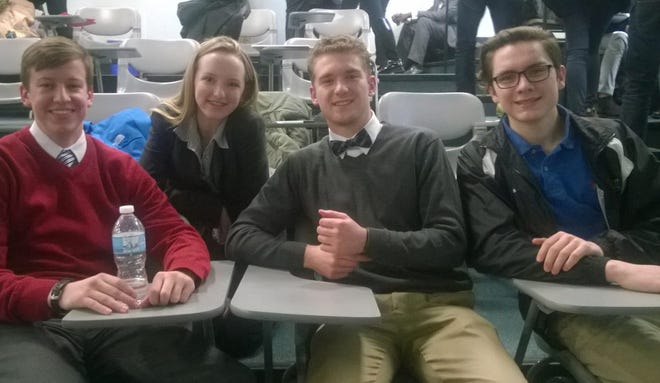 Winners in the annual Regional Ethics Bowl at Manhattan College are a team from John S. Burke Catholic School in Goshen. Members are Alex Jacobs, Christian Chevalier, Austin Londo and Hannah Schabilon. Photo provided