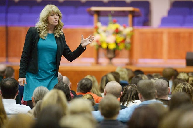 National education speaker Kim Bearden delivers the keynote address to Alamance-Burlington School System teachers during an Impact Alamance event at The Lamb's Chapel in Haw River Wednesday.