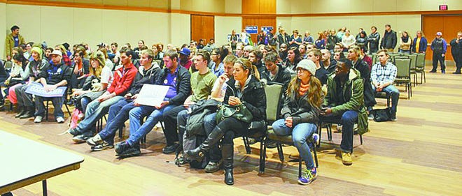 Democratic caucusgoers are shown at the University of Northern Iowa’s Maucker Union in Cedar Falls.