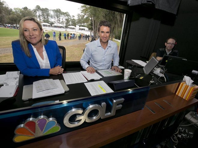 Karen Stupples and Terry Gannon prepare for their show on the Golf Channel near the 18th hole Saturday afternoon at Golden Ocala for the Coates Golf Championship.