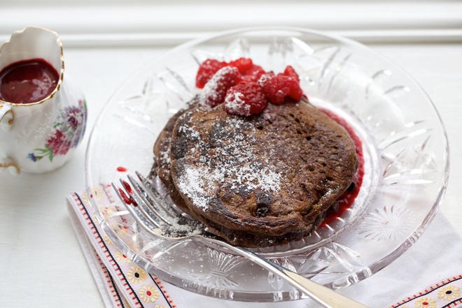Double Chocolate Pancakes With Raspberry Sauce. Photo by Deb Lindsey for The Washington Post